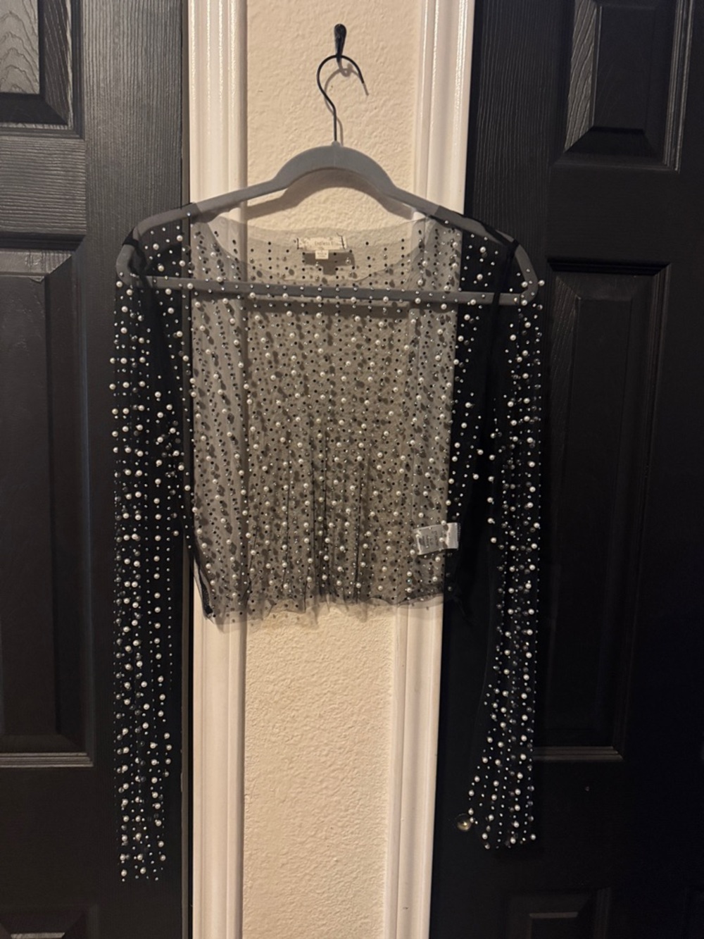 Embellished Sheer Crop Top - Black with Pearl Accents